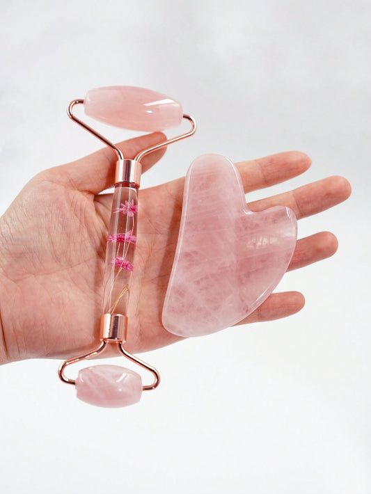 Gua Sha Facial Tool & Jade Roller Set for Skin Care, Reduce Puffiness and Improve Wrinkles, Guasha Tool for Face and Body Treatment, Gua Sha Stone Self Care Gift for Woman Man Facial Care Tools(Pink Crystal)