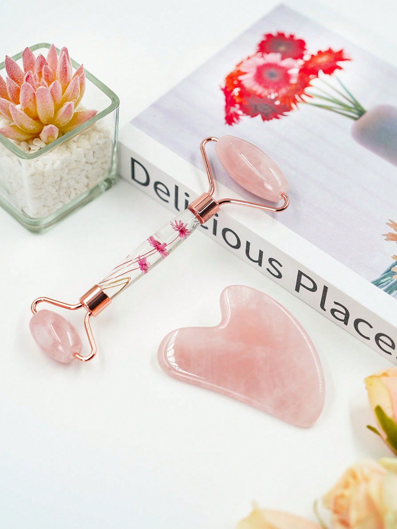 Gua Sha Facial Tool & Jade Roller Set for Skin Care, Reduce Puffiness and Improve Wrinkles, Guasha Tool for Face and Body Treatment, Gua Sha Stone Self Care Gift for Woman Man Facial Care Tools(Pink Crystal)