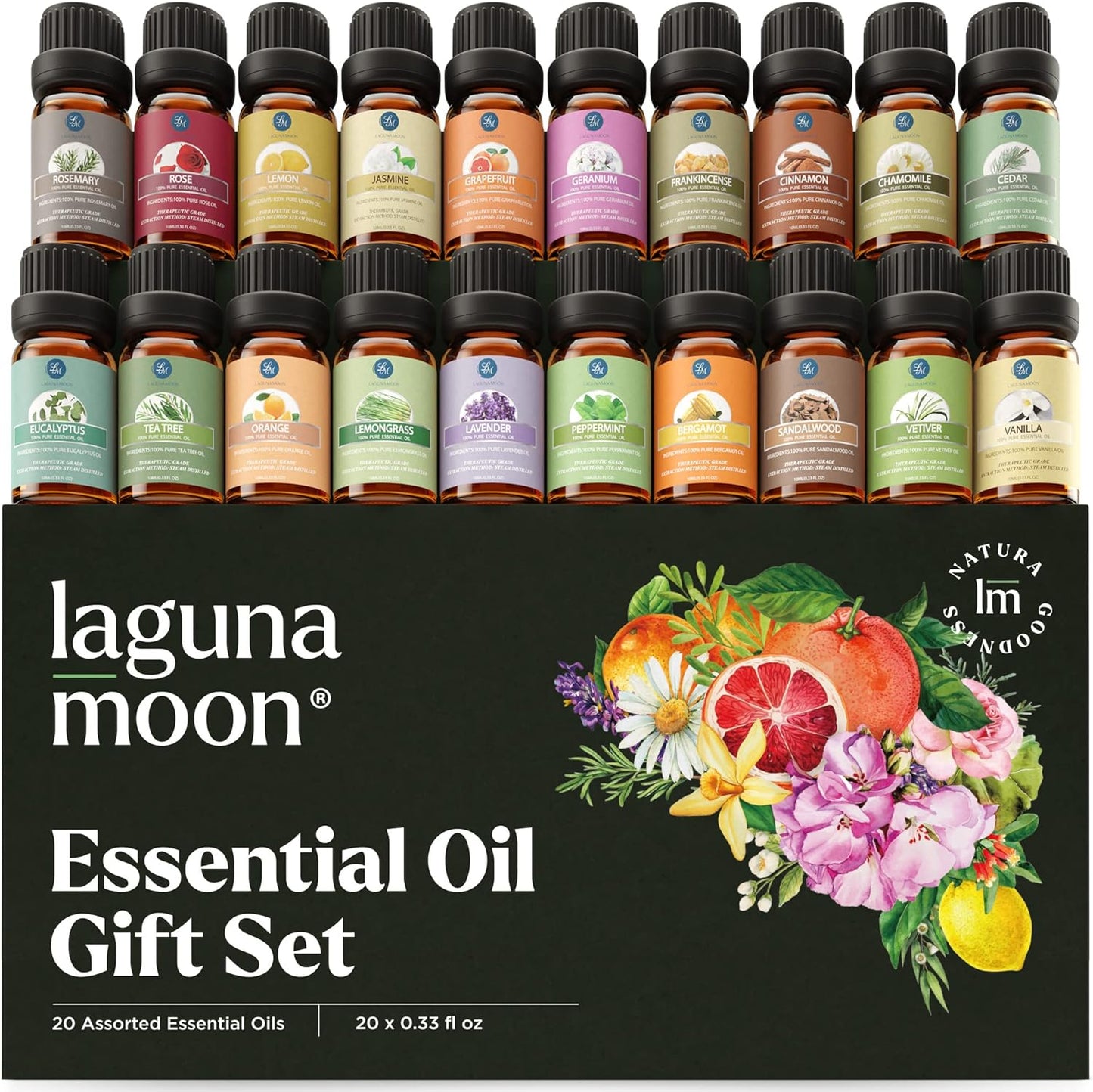 Top 20 Gift Set - 10Ml Multi-Scent Essential Oils for Aromatherapy, Massage, Candle Making, Skin & Hair Care - Peppermint, Tea Tree, Lavender, Eucalyptus, Lemongrass